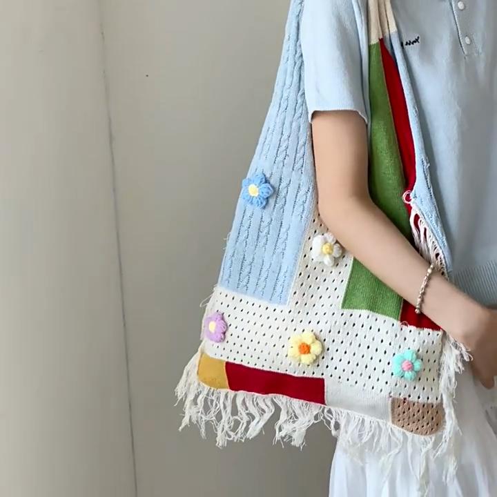 Yogodlns Forest Style Versatile Casual Shoulder Woven Bag Contrasting Colors New Simple Tote Bag Large Capacity Shopping Bag
