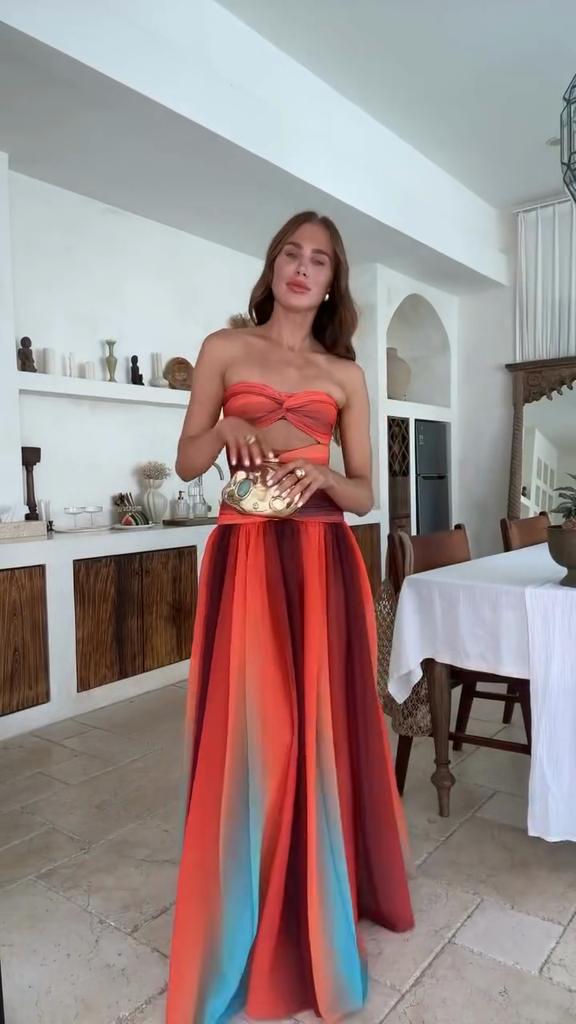 Tie-Dye Farbverlauf Ausgeschnitten Damen Maxi Kleid Elegant Schulterfrei A-Linien Saum Lange Kleider Neu Sommerurlaub Damenroben