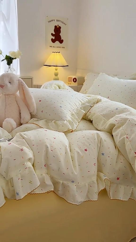 Small Fresh Pure Cotton Four-piece Set Lace Korean Version Princess Style Washed Cotton Bed Skirt Quilt Cover Cream Style Bedding