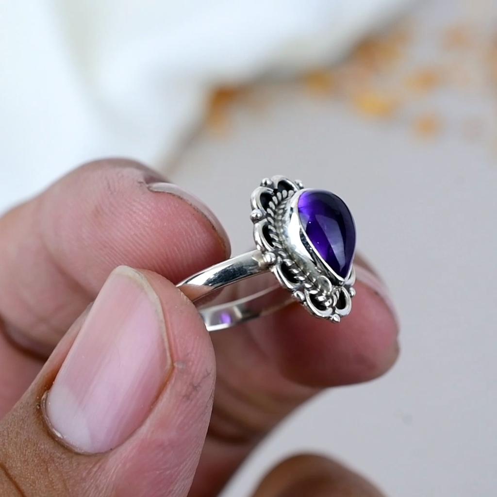 925 Sterling Silver Amethyst Pear Shape Purple Gemstone Ring For Women