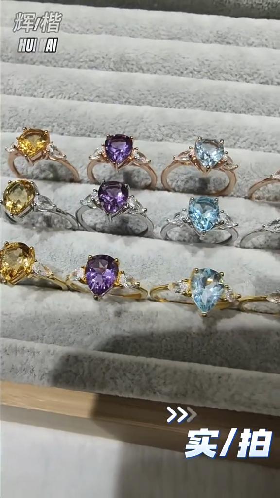 925 Sterling Silver Teardrop Ring for Women, Natural Topaz/Peridot/Amethyst Crystal Band, Fashion Jewelry