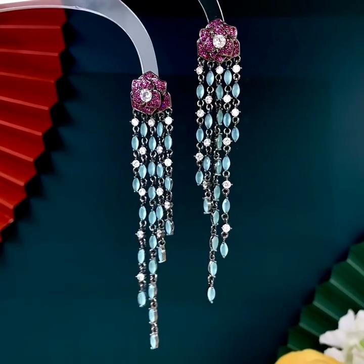 Earrings 2024 Trend Earrings Heavy Industry Color Zirconium Flower Earrings Long Tassel Temperament Dinner Camellia Earrings Women