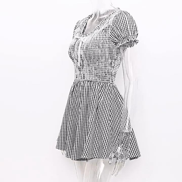 Damen Neu Sexy Kurzarm V-Ausschnitt Kariert Slim-Fit Einteiliger Kurzer Hosenrock Mädchen Anzug Damen