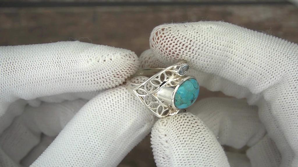 925 Sterling Silver Filigree Ring with Natural Turquoise and Blue Topaz – Vintage Statement Cocktail Ring, Gift for Her, Christmas Gift Idea