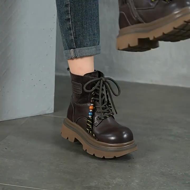 Johnature Thick Soled Cowhide Lace Up Short Boots Retro Side Zipper Genuine Leather Women's Boots