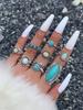 Ensemble de 8 bagues turquoise de style ethnique rétro avec plumes sculptées et incrustées