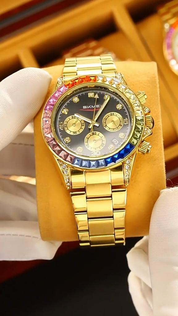 Skmei Women Quartz Watch Gold Luxury Luminous Diamond Wrist Watches Business Analog Display Stainless Steel Strap Ladies Clock