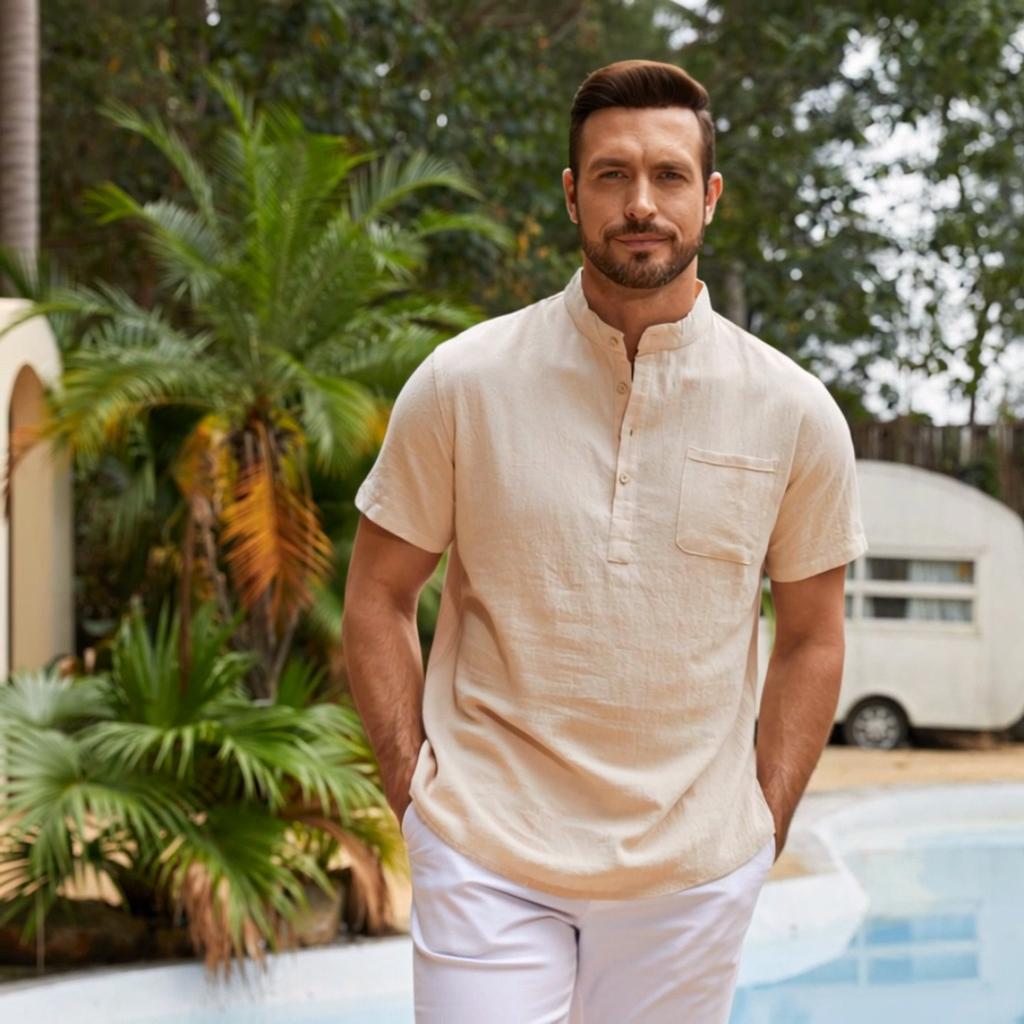 Summer New Men's Lightweight Cotton Linen Short Sleeve Henley Neck T-shirt - Breathable Casual Basic Style Solid Color Tops