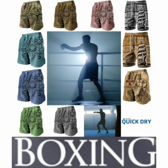 Boxing Shorts Pants 3D Print Fighting Training Retro VINTAGE Pirate Compass Map Ship Boat Knight Unisex Men Women Quick Dry Fitness Gym Sport Workout