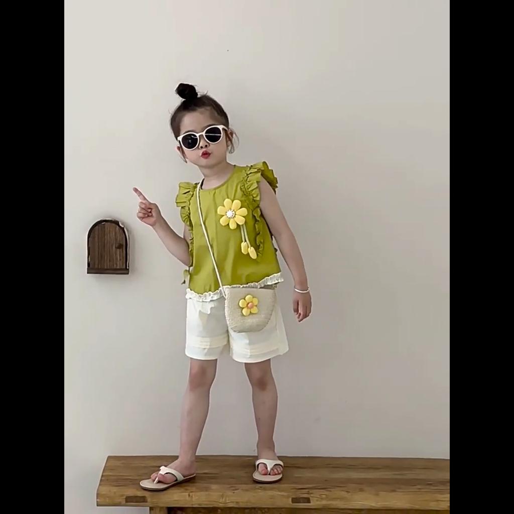 Girls' 2-Piece Cotton Set - Summer Baby Girl Flower Pattern Top+white Shorts Cute Casual Outfit S-XXL