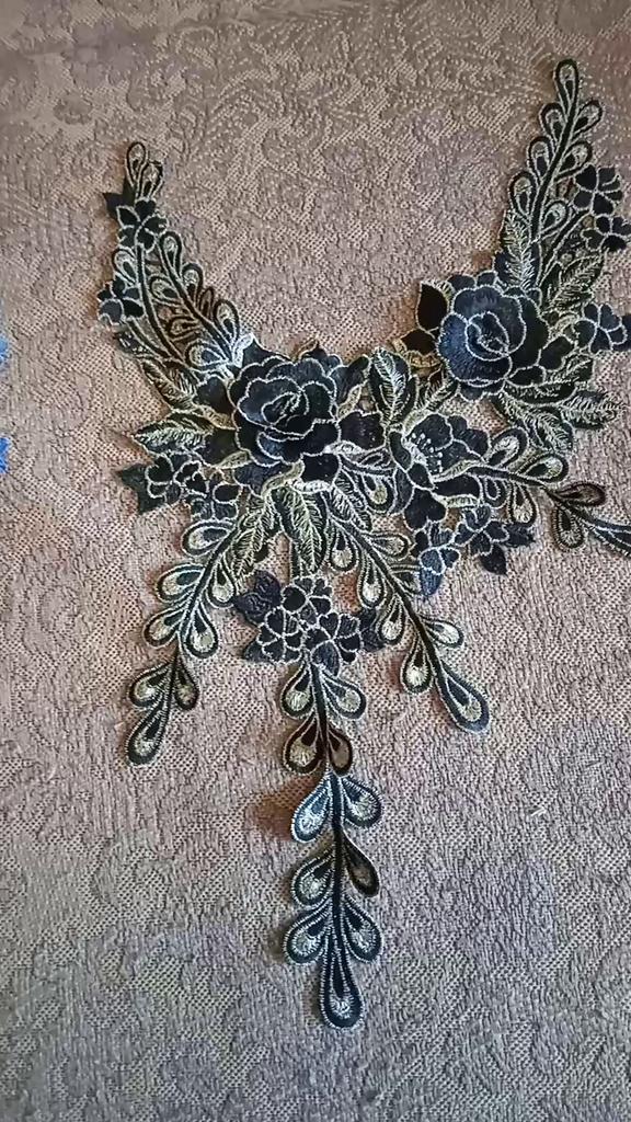 Applicazione con colletto in pizzo ricamato, applicazione in pizzo, ricamo floreale, applicazione in pizzo 3D, per cucito, abbigliamento, abito da sposa, decorazione sulla scollatura, colore nero