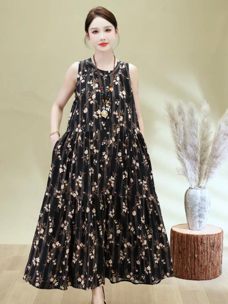 Elegant Woman Summer Dress Casual Loose Plus Size Sleeveless Long Dresses Female Clothing