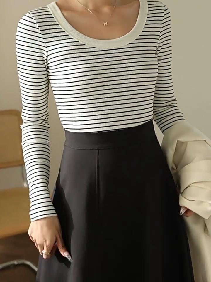 T-shirt a Righe in Puro Cotone da Donna a Manica Lunga Autunno Inverno Nuova Girocollo Top Dimagrante Magliette Slim Maglia da Sotto