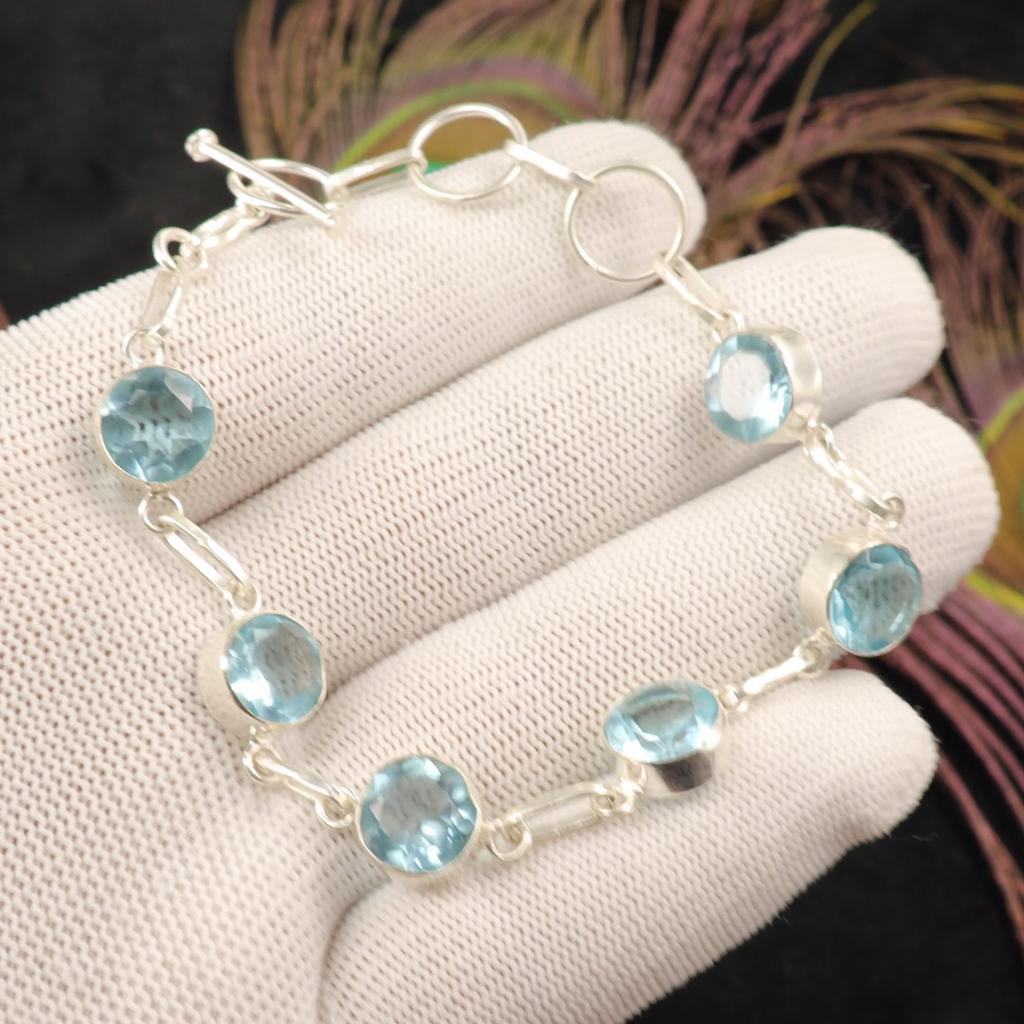 Přírodní drahokam modrý topaz 925 sterlingové stříbro šperky ručně vyráběný náramek RB-14-7