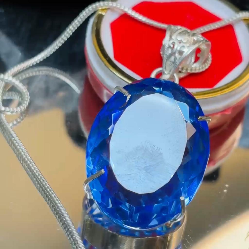 NATURAL Blue Topaz Pendant Oval 126.45 Ct Gems 925 Sterling Silver CERTIFIED My-402-k