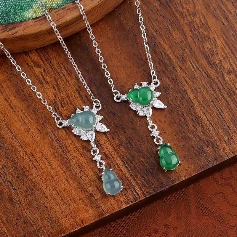 Natural Dangerous Material Jadeite Double Gourd Necklace Women's S925 Sterling Silver Inlaid Temperament Collarbone Chain Women's Fashion Jewelry Gift