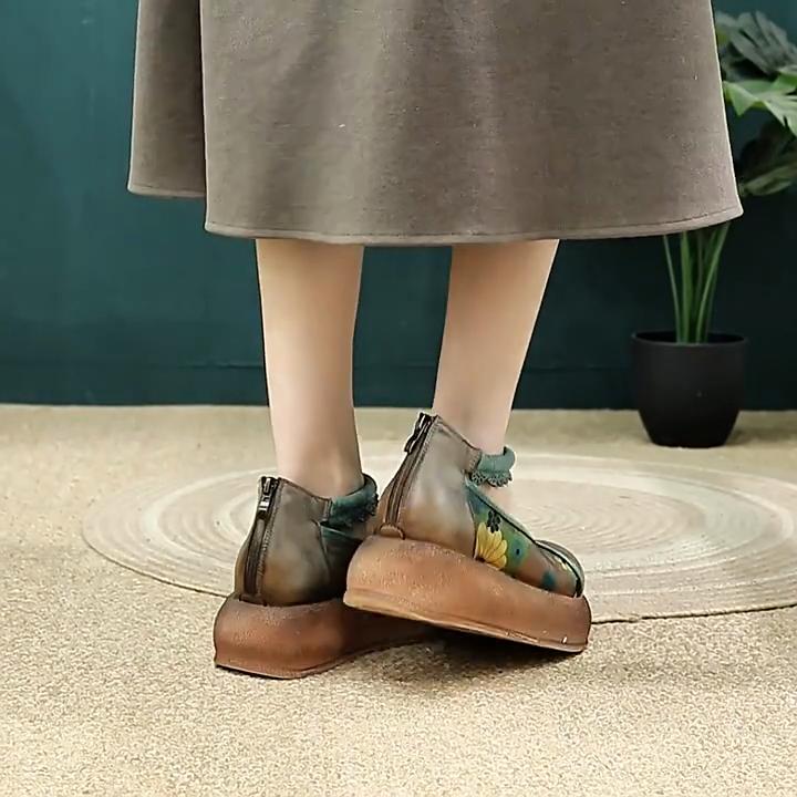 Johnature Thick Soled Height Increasing Shoes Genuine Leather Printed Retro Women's Flat Platform Shoes