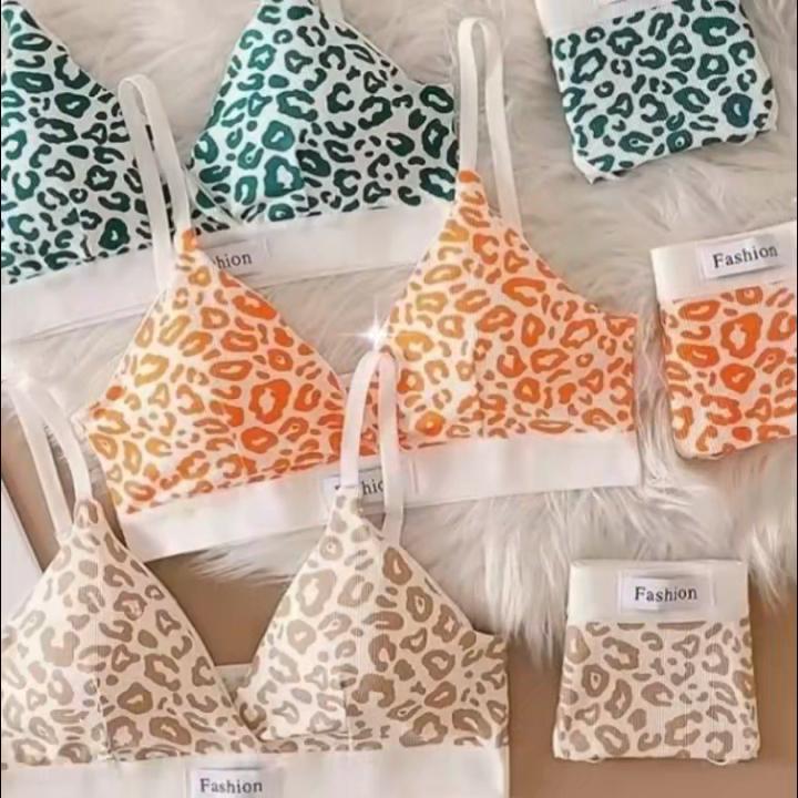 Summer New Women's Leopard Print Traceless and Steel Rim Bra Adjustable Shoulder Strap Back Women's Underwear Set