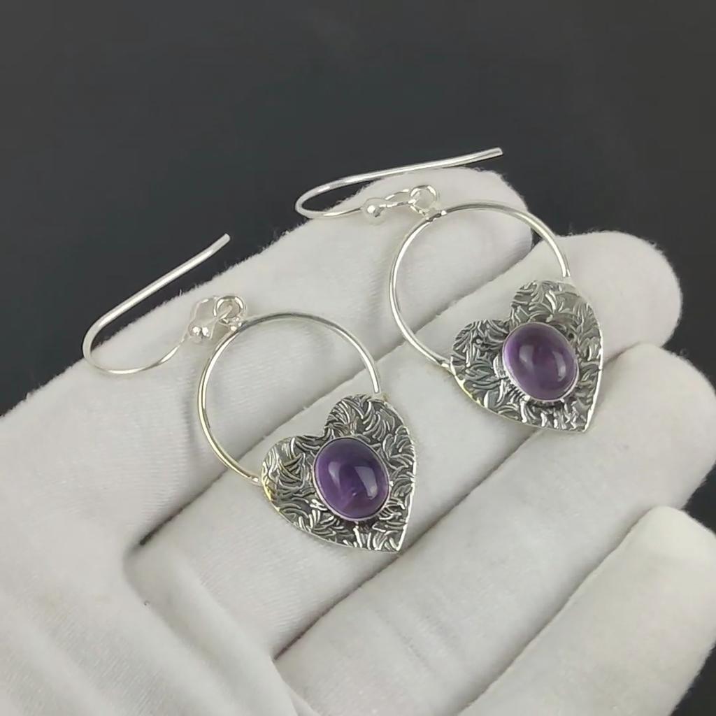 Beautiful Amethyst Gemstone Heart Shape Earrings, 925 Sterling Silver Earring, Handmade Boho Silver Jewelry Dangle Earrings, Wadding Gift