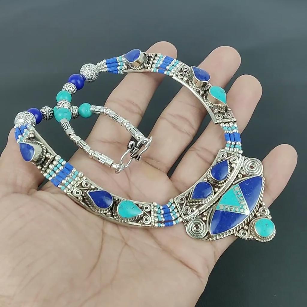 Turquoise, Lapis Lazuli 925 Sterling Silver Necklace Tibetan Silver Necklace Bohemian Antique Necklace Handmade Jewelry Nepali Necklace Gift For Wife