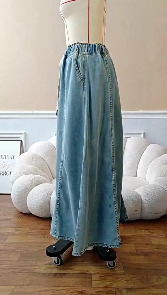 Lastikli Bel Denim Salıncak Etekler Kadın Günlük Uzun Etek Amerikan Tasarımı ile