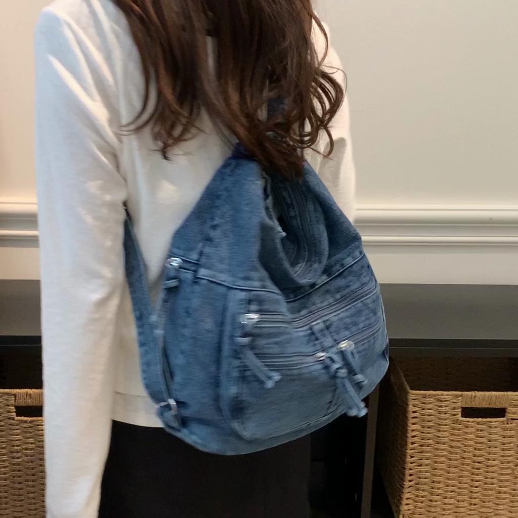 Vintage Denim Tote Bag Multi-Pocket Commuter Shoulder Crossbody Bag