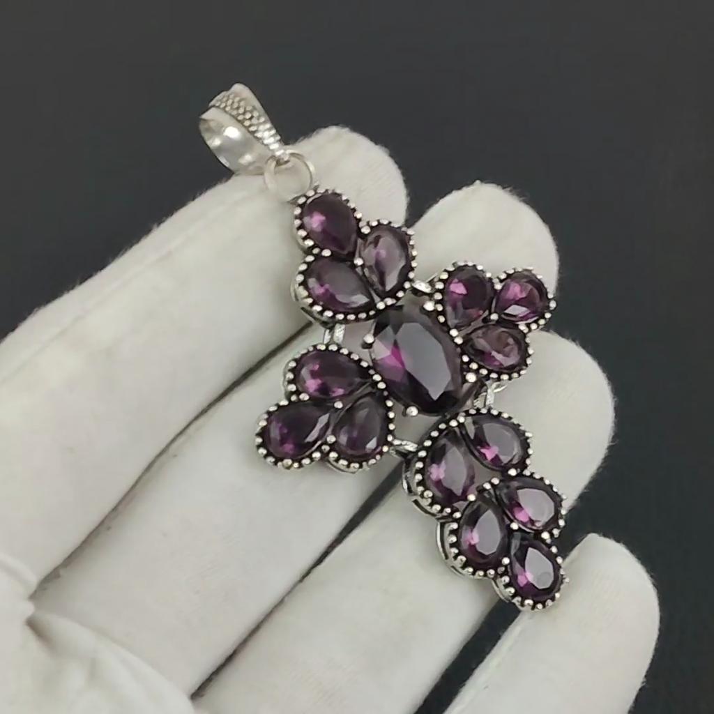 Pandantiv delicat cu cruce din argint cu piatră prețioasă ametist roz - Design pară lucrat manual, Bijuterii pentru purtare zilnică, Cadou de ziua de naștere