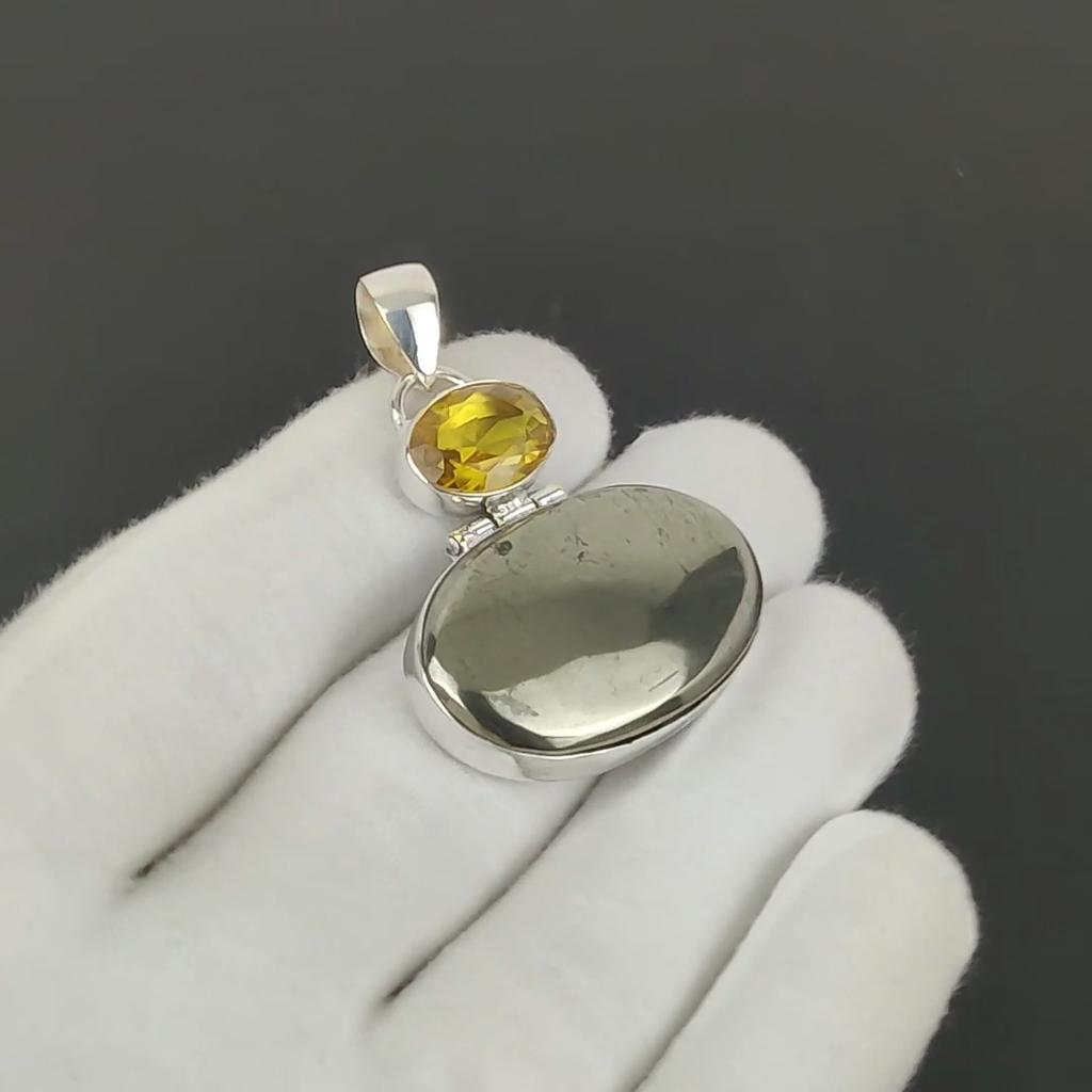 Golden Apache Pyrite & Citrine Gemstone Pendant Handmade 925 Sterling Silver Pendant Designer Artisan Jewelry Handmade Pendant Anniversary Gifts