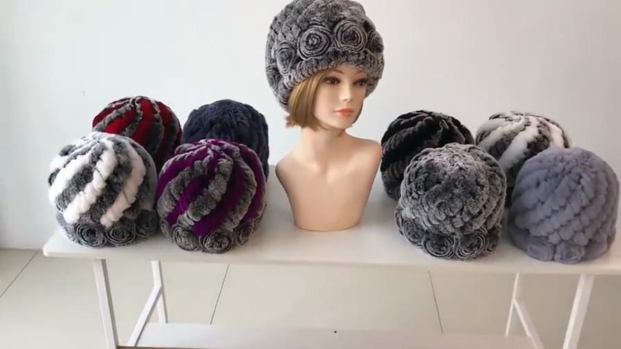 Hot Sell Women Winter Knitted Real Rex Rabbit Fur Hat Fluffy Natural Rex Rabbit Fur Cap Lady Good Elastic Genuine Fur Hats