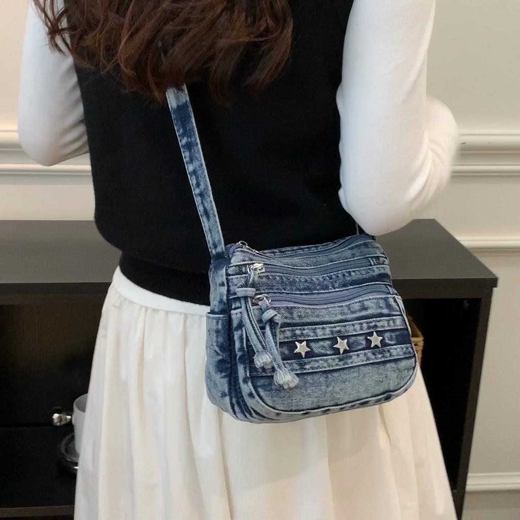 Womens Denim Crossbody Bag Casual Small Shoulder Purse Multi Zipper Handbag for Daily Use