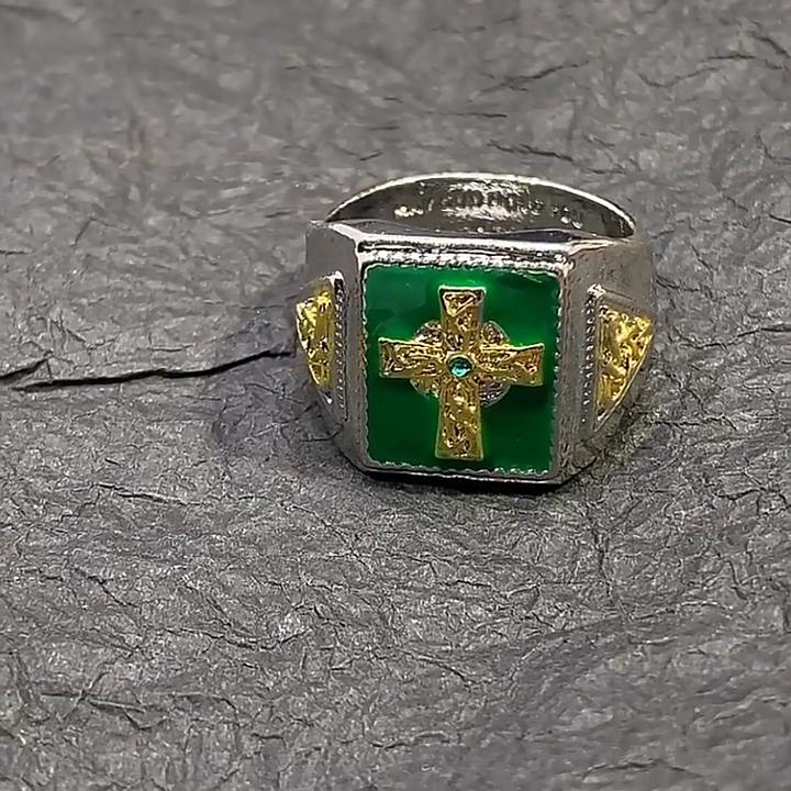 New Creative Design Viking Celtic Cross Green Odin Cross Ring God Pattern Jewelry