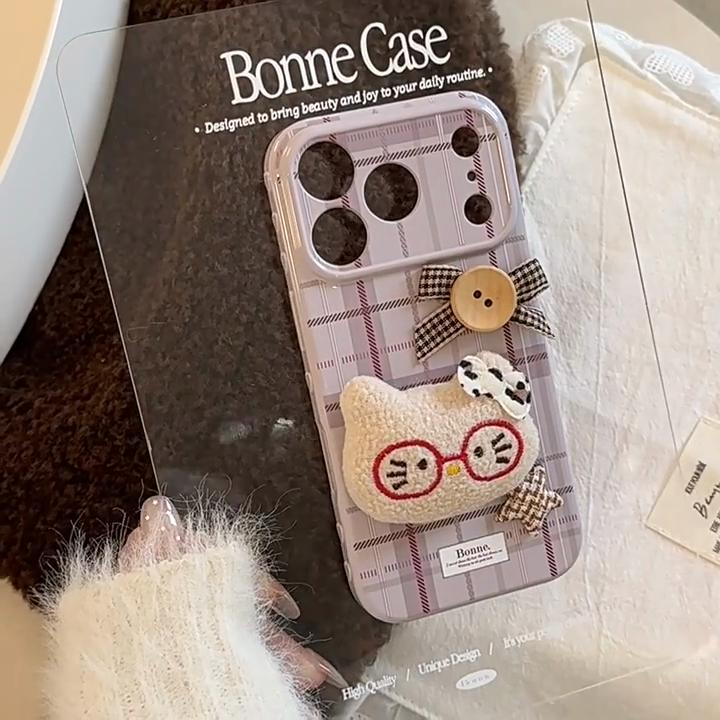 Purple Plaid Plush Cat Apple 17promax Mobile Phone Case Iphone16 Retro 13/15 Anti-fall 14 Applicable