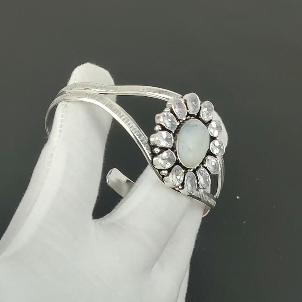 Beautiful Dendrite Opal Gemstone Handmade Cuff Bangle 925 Sterling Silver Cuff Bangle, White Topaz Flower Shape Bracelet For Wife, Unisex Bangle, Gift