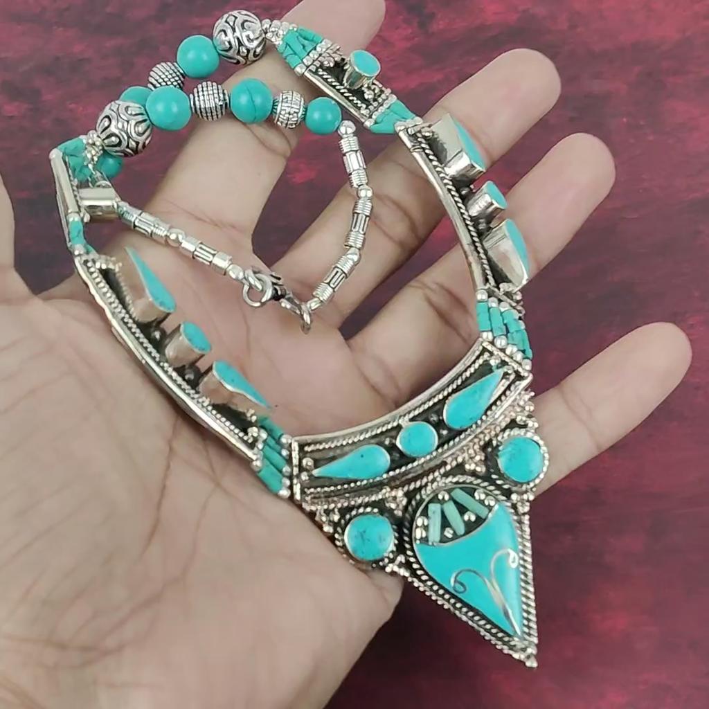 Blå turkis håndlaget edelstenskjede, 925 solid sterlingsølv antikke smykker justerbart kjedekjede, for forlovelsesgave