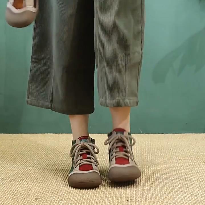 Johnature Mixed Color Genuine Leather Lightweight Comfortable Ankle Boots Retro Versatile Warm Women's Shoes