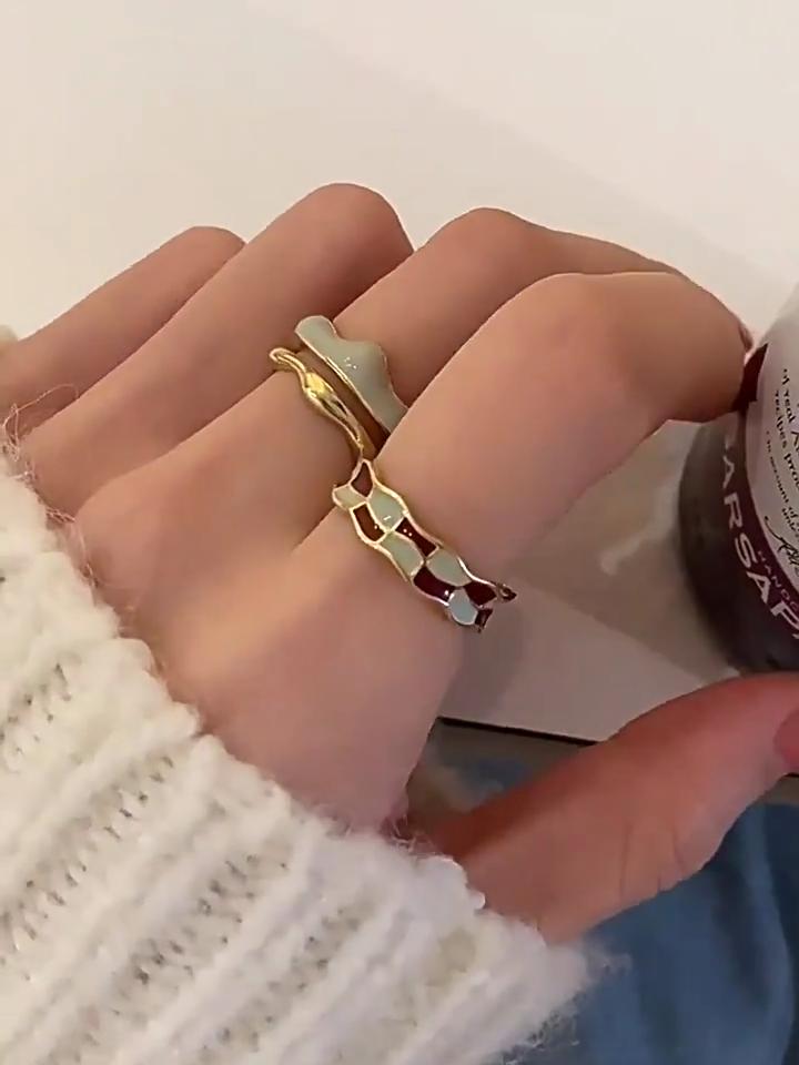 Enamel Checkerboard Ring Set, Irregular Mountain Peak, High Value, Niche, Unique Design, Personalized Open Index Finger Ring