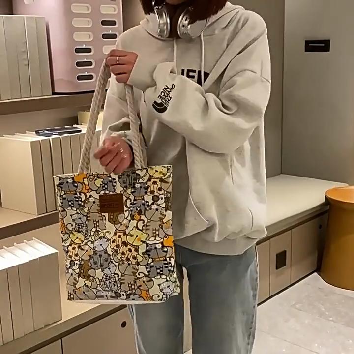 Cute Cartoon Cat Pattern Women Casual Large Capacity Canvas Bag For Daily Use And Street Fashion