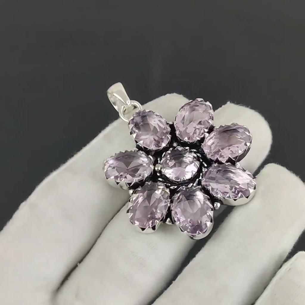 Pink Kunzite Gemstone Silver Flower Pendant In 925 Sterling Silver - Handmade Pear Design, Everyday Wear Jewelry Wadding Gift