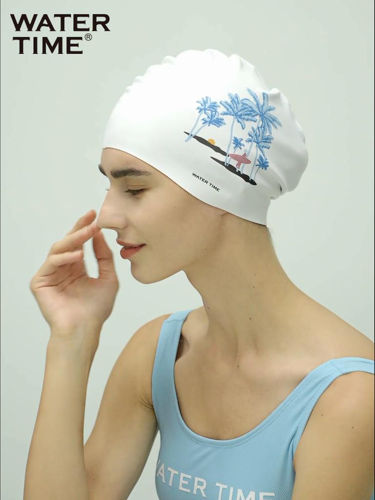 WATERTIME Silicone Swimming Cap, Ear Protection, Chlorine-Resistant, Large Size for Long Hair, White