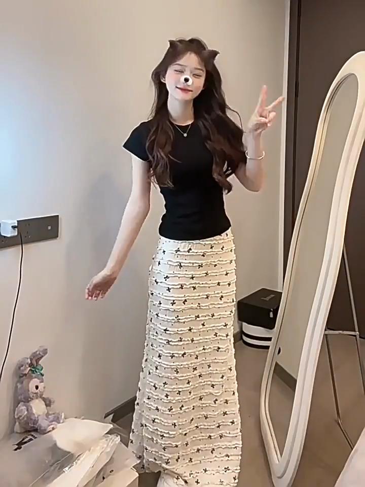 New Korean Style White Floral Skirt Women's Summer Small High-waisted Skirt Fishtail Hip-hugging Long Skirt
