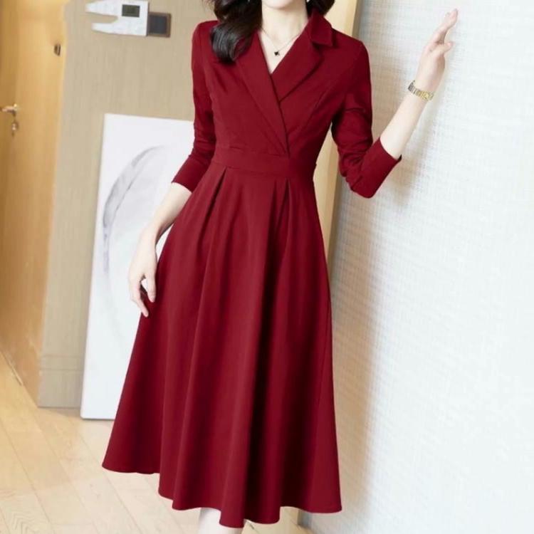 Podzimní Zimní Oblekové Šaty Ženy Klopový Jednobarevný Zip Korzet Vintage Temperament Módní Dlouhý Rukáv Středně dlouhé A-Line Šaty