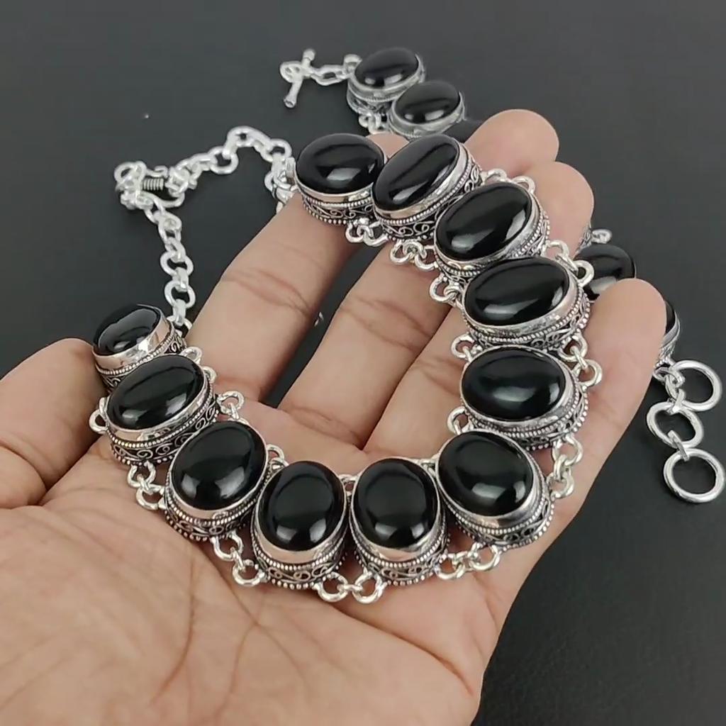 Naturlig Svart Onyks Edelsten Håndlaget 925 Sterlingsølv Smykker Halskjede Armbånd Sett, Antikk Smykkesett, Bryllupsgaver Armbånd Til Kone