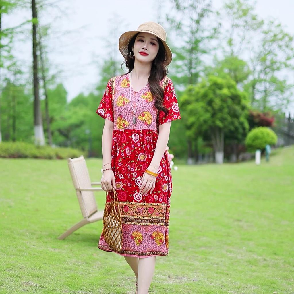 Elegant Women's Dress Summer Vintage Clothes Loose Short Sleeve Plus Size Casual Long Dresses