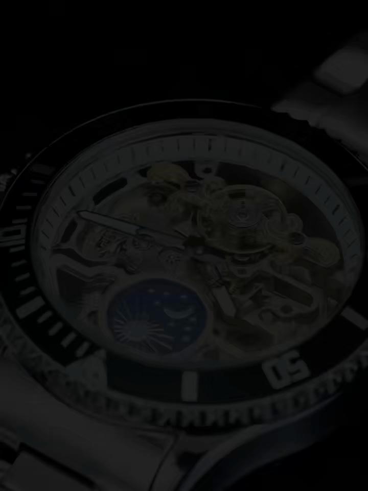 Mens Self-Winding Mechanical Watch Skeleton Moon Phase Luminous Dial Rotating Bezel Steel Strap Wristwatch Waterproof