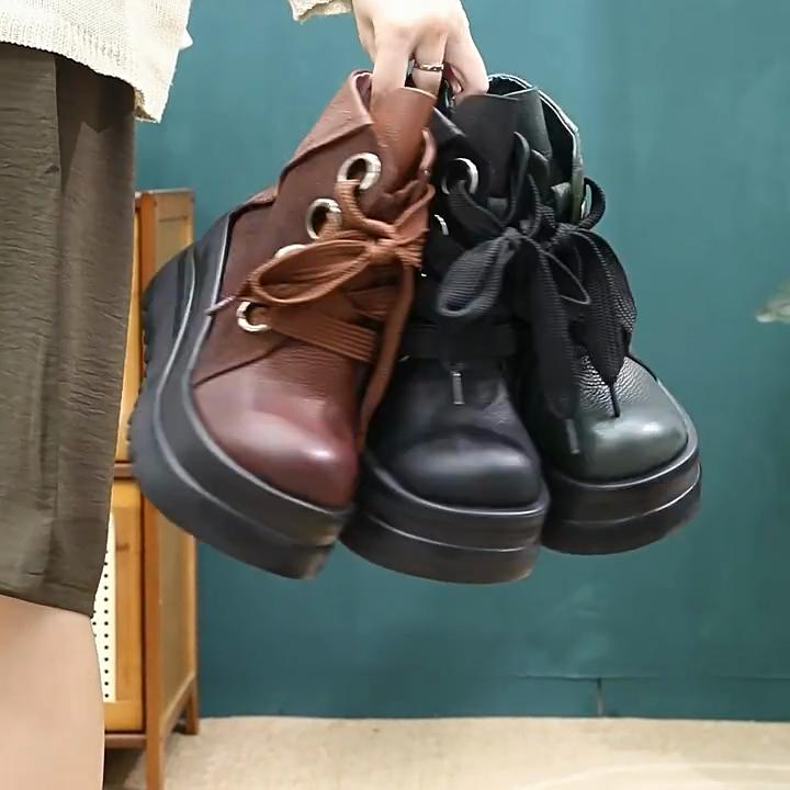 Johnature Genuine Leather Wedges Short Boots Retro Thick Soled Side Zipper Versatile Women's Shoes