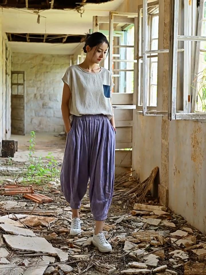 Johnature Women Vintage Wide Leg Pants Elastic Waist Solid Color Trousers Summer Loose Casual Female Pants