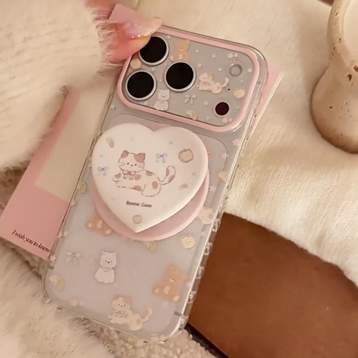 Cute Kitten Heart-Shaped Magnetic Phone Case for iPhone 16, iPhone 17, and iPhone 17 Pro Max