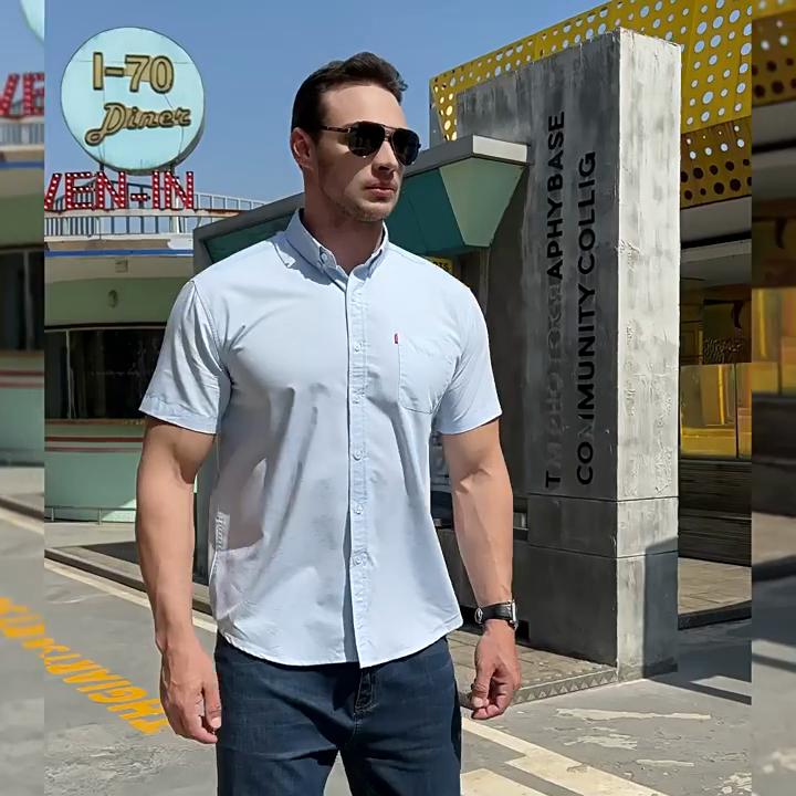 Cozy Up Men's Oxford Shirt Short Sleeve Regular Fit Button Down Collar Casual Shirts with Pocket Light Blue