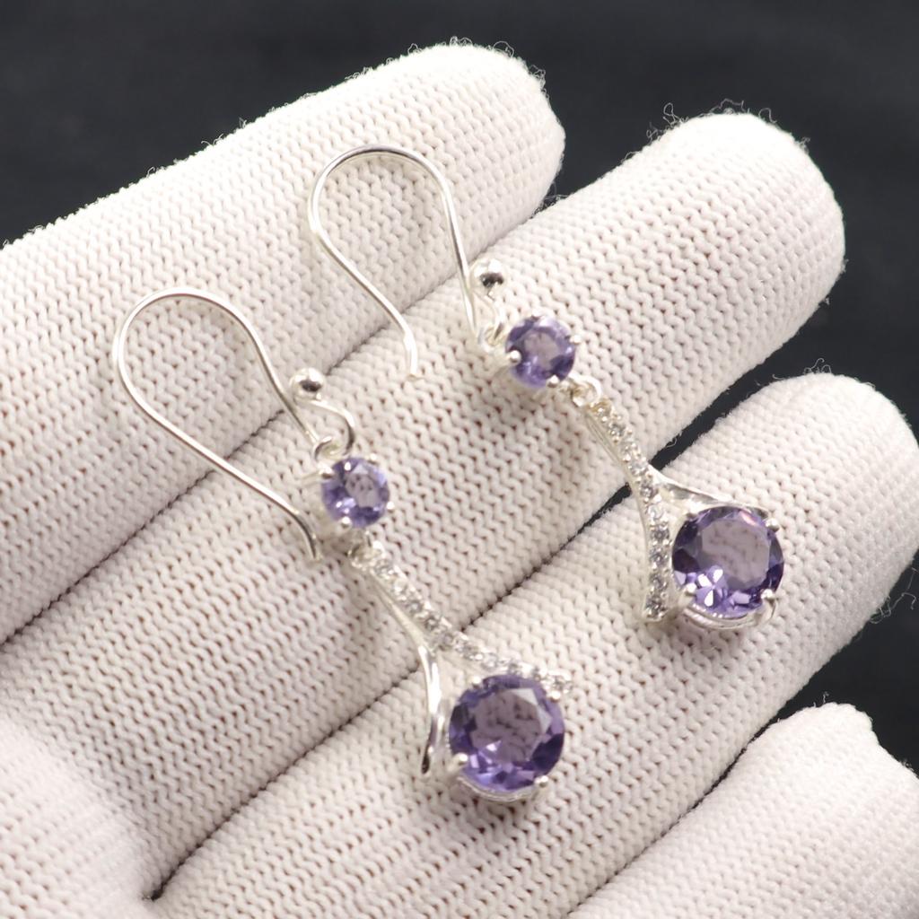 Purple Iolite Gemstone 925 Solid Silver Jewelry Partywear Zircon Earrings 1.84" CZE-9-11