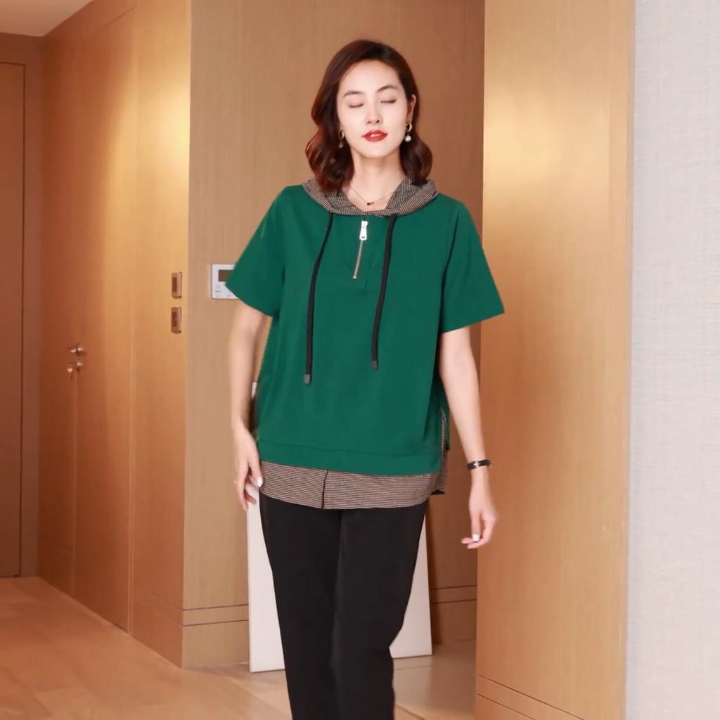 Pure Cotton Large Size Women's Short-sleeved Summer High-end Loose Hooded Cotton Top